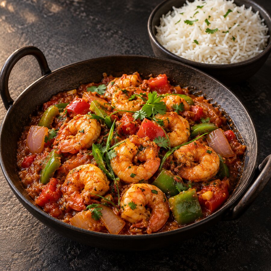 Illustration de gambas karahi avec riz basmati